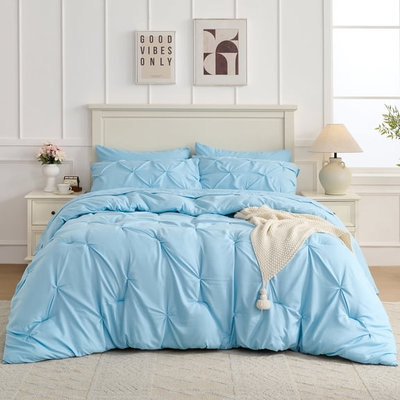 YEPCLUB Blue Queen Size Pintuck 7-Piece Comforter Set, Pinch Pleat Bed in a Bag, All Season Down Alternative Bedding Set with Comforter, Sheets, Pillowcases & Shams