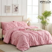 YEPCLUB Pink Queen Size Pintuck 7-Piece Comforter Set, Pinch Pleat Bed in a Bag, All Season Down Alternative Bedding Set with Comforter, Sheets, Pillowcases & Shams