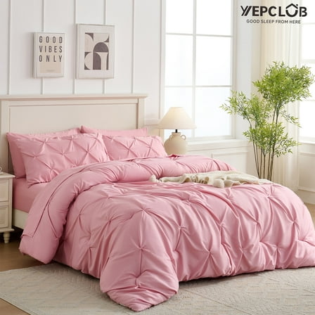 YEPCLUB Pink Queen Size Pintuck 7-Piece Comforter Set, Pinch Pleat Bed in a Bag, All Season Down Alternative Bedding Set with Comforter, Sheets, Pillowcases & Shams