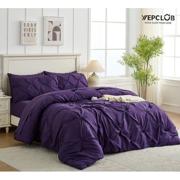 YEPCLUB Purple Queen Size Pintuck 7-Piece Comforter Set, Pinch Pleat Bed in a Bag, All Season Down Alternative Bedding Set with Comforter, Sheets, Pillowcases & Shams