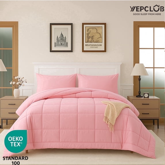 YEPCLUB 2-Piece Twin Size Comforter Set, Pink Down Alternative Reversible Bedding Set, All-Season Quilted Soft Comforter with Pillowcases