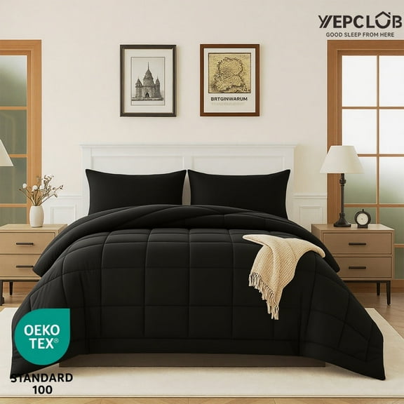 YEPCLUB 3-Piece Twin Size Comforter Set, Black Down Alternative Reversible Bedding Set, All-Season Quilted Soft Comforter with Pillowcases