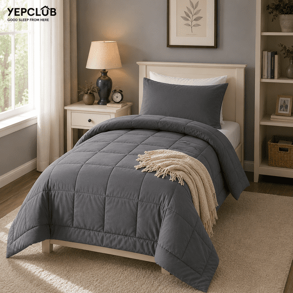 YEPCLUB 2-Piece Twin Size Comforter Set, Grey Down Alternative Reversible Bedding Set, All-Season Quilted Soft Comforter with Pillowcases