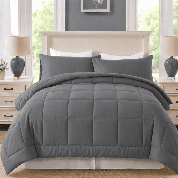 YEPCLUB 2-Piece Twin Size Comforter Set, Grey Down Alternative Reversible Bedding Set, All-Season Quilted Soft Comforter with Pillowcases