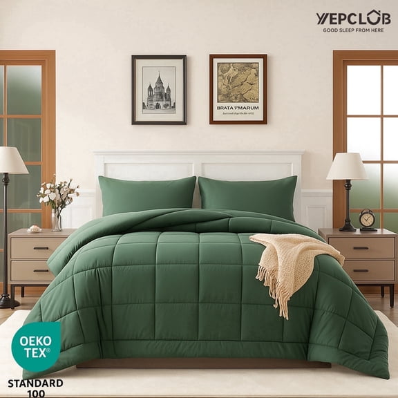 YEPCLUB 3-Piece Twin Size Comforter Set, Green Down Alternative Reversible Bedding Set, All-Season Quilted Soft Comforter with Pillowcases