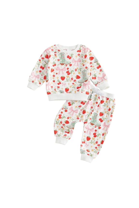 Baby Girl Outfits Cartoon Pattern Long Sleeve Trousers Breathable Daily Suits (White, 2-3 Years)