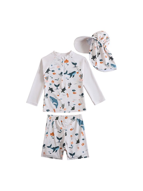 Boys Three Piece Swim Set Long Sleeve Boys Summer Suit Boy Swimsuit Set (A15 Beige, 3-4 Years)