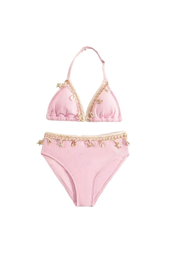 Girls Bikini Set 2 Piece Rashguard Triangle Bikini Triangle Top String Bathing Suit Girls' Swimwear (A11 Pink, 9-10 Years)