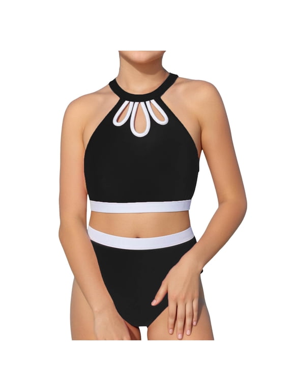 Girls Bikini Set 2 Piece Rashguard Triangle Bikini Triangle Top String Bathing Suit Girls' Swimwear (A29 Black, 10-11 Years)