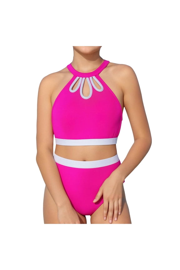 Girls Bikini Set 2 Piece Rashguard Triangle Bikini Triangle Top String Bathing Suit Girls' Swimwear (A29 Hot Pink, 9-10 Years)