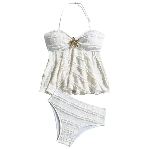 YEPGAR Girls Bikini Set 2 Piece Swim Suit Tiered Ruffled High Girls' Swimwear for 7-16 Years (White, 13-14 Years)