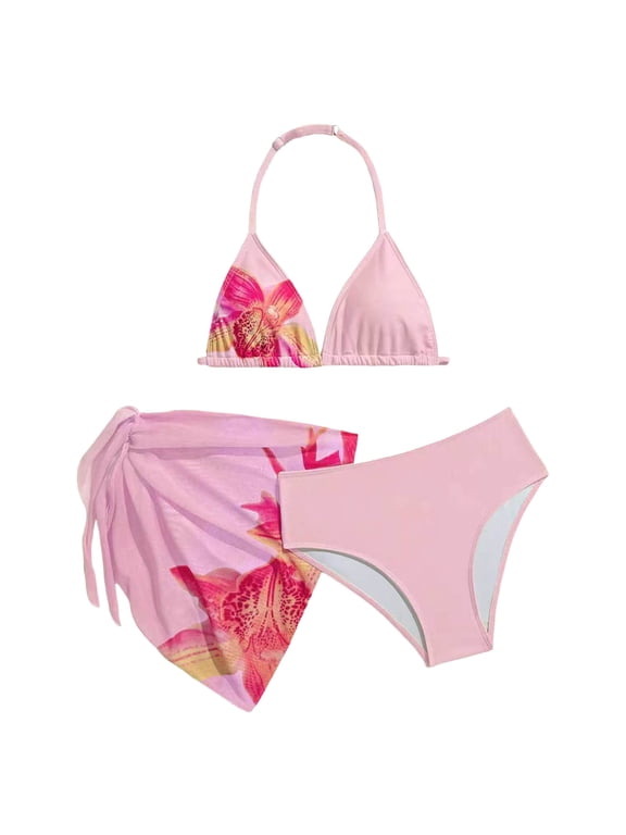Girls Bikini Set 3 Piece Rashguard Triangle Bikini Triangle Top String Bathing Suit Girls' Swimwear (A18 Light Pink, 10-11 Years)