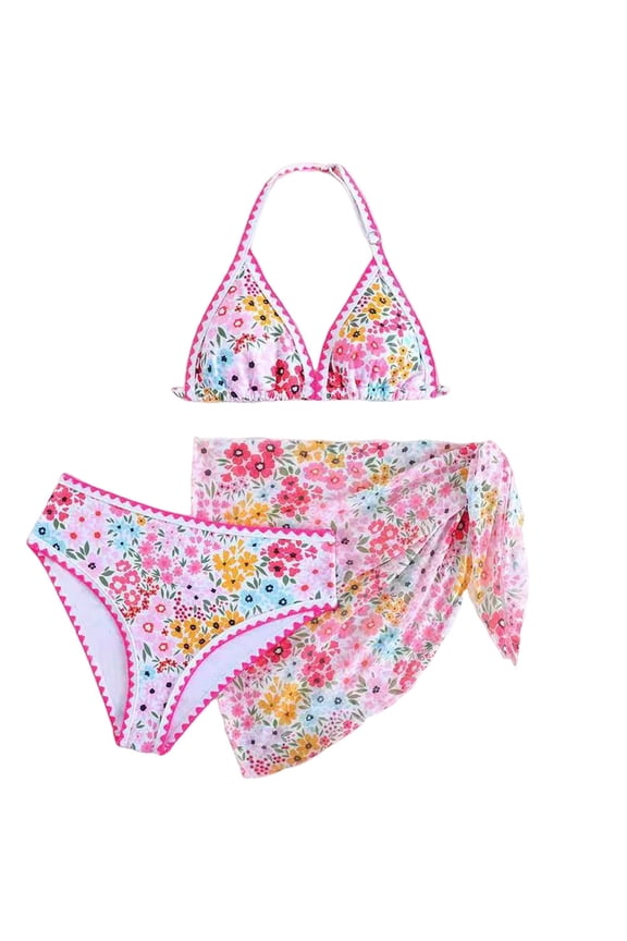 Girls Bikini Set 3 Piece Rashguard Triangle Bikini Triangle Top String Bathing Suit Girls' Swimwear (A20 Hot Pink, 12-13 Years)