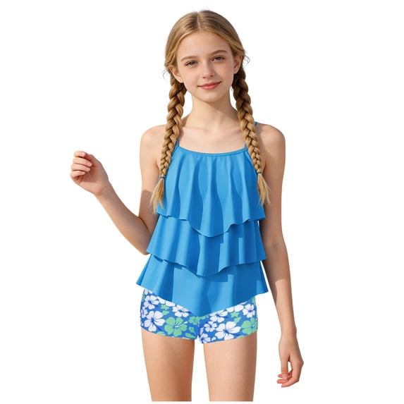 YEPGAR Girls Tankini Swimsuit 2 Piece Girl Board Shorts Adjustable Straps Girls' Swimwear for 5-14 Years (Sky Blue, 5-6 Years)