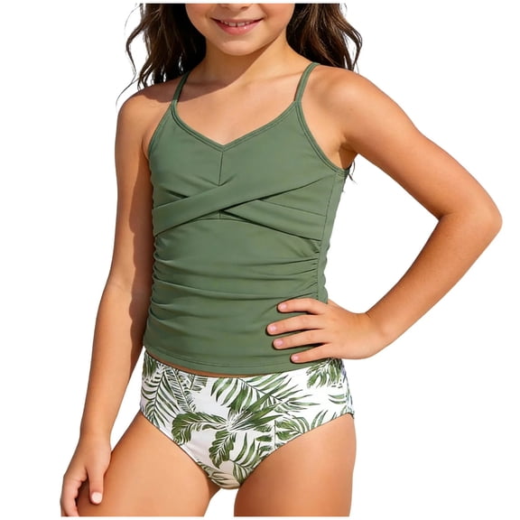 YEPGAR Girls Tankini Swimsuit 2 Piece Swim Clothes Swim Shorts Set Girls' Swimwear for 8-13 Years (Green, 10-11 Years)