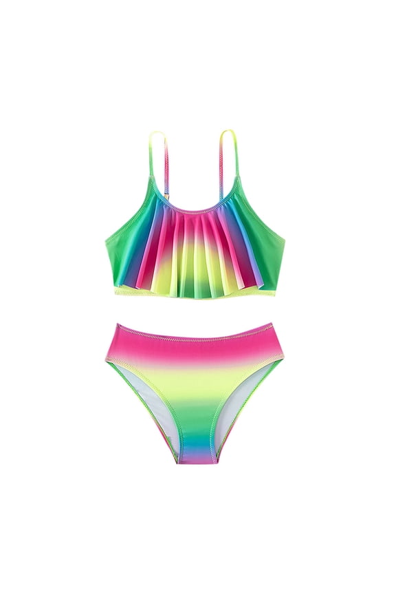 Kids Girls Bikini Set 2 Piece Ruffled Tie Dye Terry Triangle (Green, 13-14 Years)