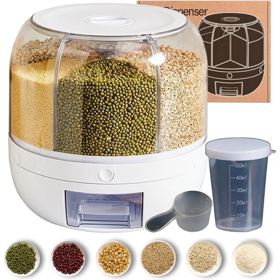 YEPOLERCE 3.5L Grain Dispenser - Moisture-Proof Grain Dispenser with Lid, Grain Dispenser Rotating Kitchen Storage Containers, 6 Compartment 360°rotating, for Rice, Cereal