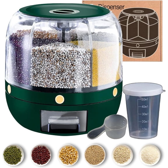 YEPOLERCE 3.5L Grain Dispenser - Moisture-Proof Grain Dispenser with Lid, Grain Dispenser Rotating Kitchen Storage Containers, 6 Compartment 360°rotating, for Rice, Cereal