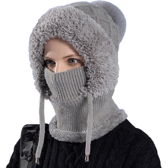 YEPOLERCE 3 in 1 Beanie Hat with Scarf & Mask for Women, Winter Balaclava Hoodie with Ear & Nose Warmer