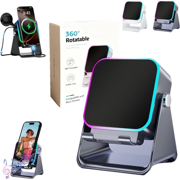 YEPOLERCE 5-in-1 Wireless Bluetooth Speaker with 360° Adjustable Holder, Colorful Lights and Bass Enhancement for iPhone Android