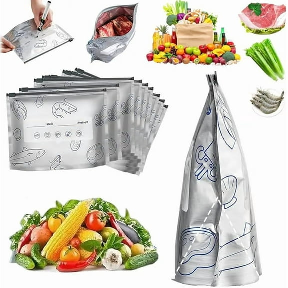 YEPOLERCE Reusable Aluminum Foil Sealable Storage Bags, Airtight Washable Self-Sealing Freezer Bags for Food Preservation, 3 Sizes for Vegetables Fruits Meat Snacks