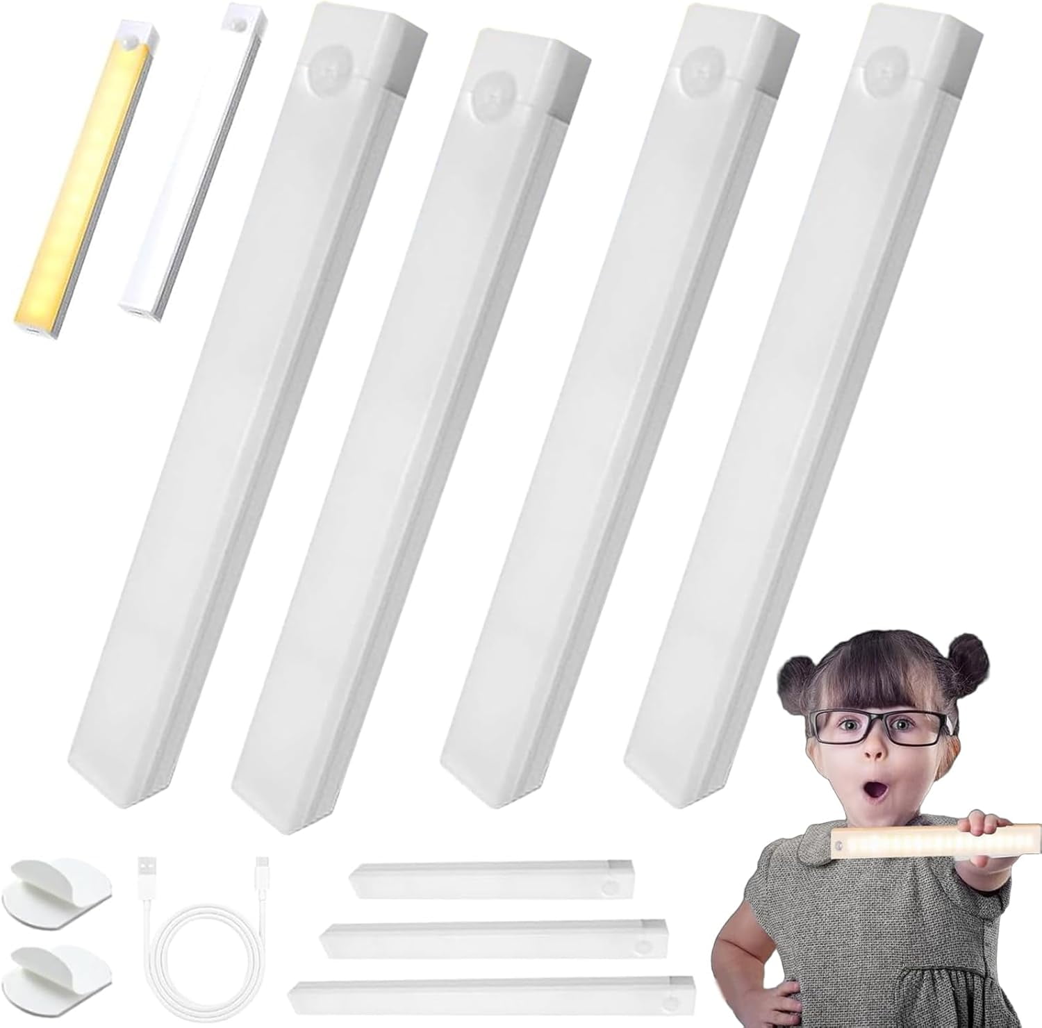YEPOLERCE Smart Sensor Magnetic Rechargeable LED Lights, Motion Activated Wireless Closet Lights with USB Charging, Punch-Free Stick-On Lights for Kitchen Cabinet Wardrobe Stairs