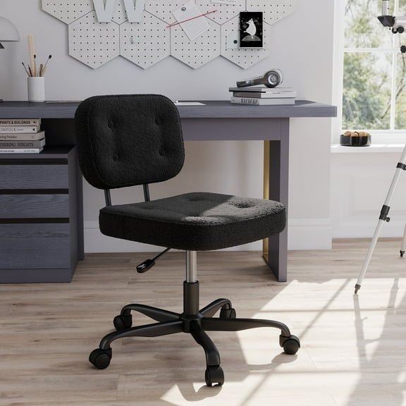 YERAIRR Armless Office Chair with Wide Seat,Teddy Fleece Fabric Home Computer Desk Chair Thickened Cushion Swivel Vanity Chair Black