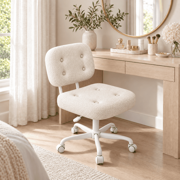 YERAIRR White Teddy Fleece Desk Chair, Armless Vanity Chair with Back and Wide Seat for Dorm or Office