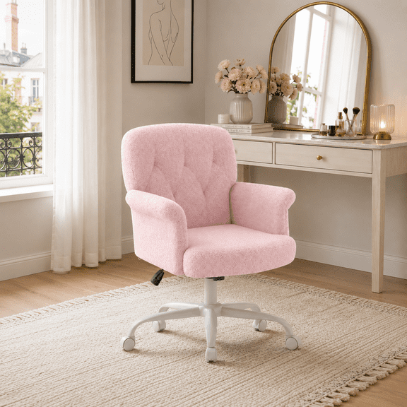 YERAIRR Teddy Fleece Office Chair with Padded Arms and Wheels, Adjustable Height, Pink