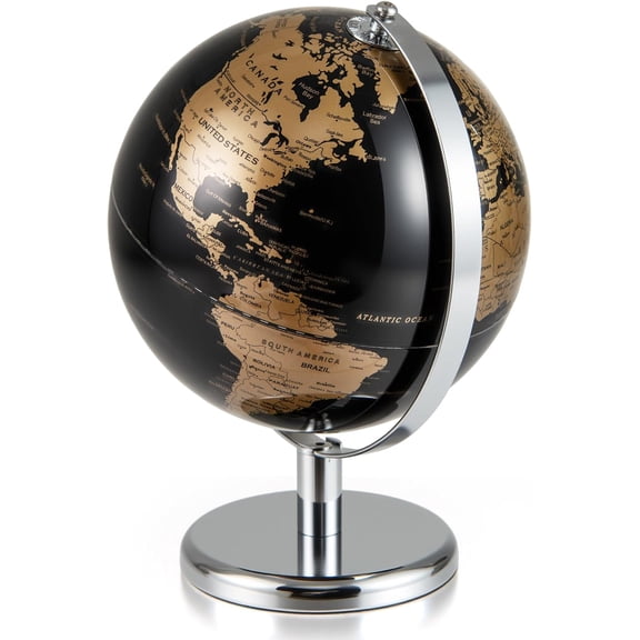 YERSAN 8" World Globe, Black Earth Globe with Gold Accents, Metal Stand, Non-slip Base & Time Zone, Decorative Tabletop Desk Globes for Classroom, Office & Home