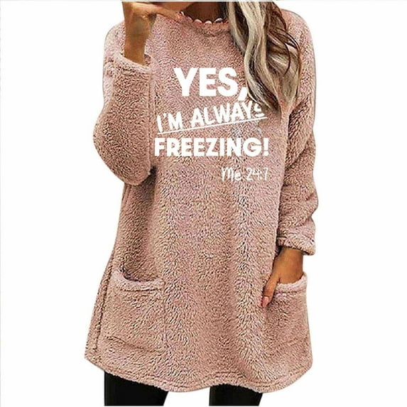 YES,I'M ALWAY FREEZING Fuzzy Flannel Sweatshirts for Women Casual Fleece Pullovers Loose Crewneck Long Sleeve Tunic Tops