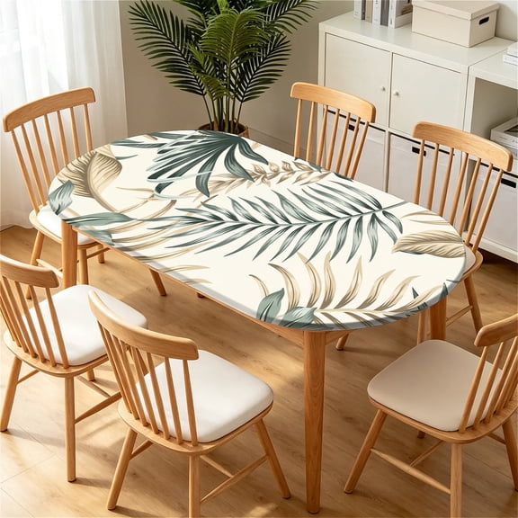YESAD Elastic Tablecloth For Oval Tables, Waterproof Tablecover For Up To 42X68in Oval Table Cover, Dining Tablecover For Indoor And Outdoor, Holiday, Boho-Palm-Leaf