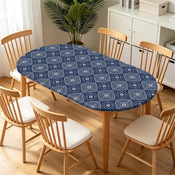 YESAD Elastic Tablecloth For Oval Tables, Waterproof Tablecover For Up To 42X68in Oval Table Cover, Dining Tablecover For Indoor And Outdoor, Holiday, Cool-Triangle-Geo