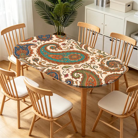YESAD Elastic Tablecloth For Oval Tables, Waterproof Tablecover For Up To 42X68in Oval Table Cover, Dining Tablecover For Indoor And Outdoor, Holiday, Earth-Paisley