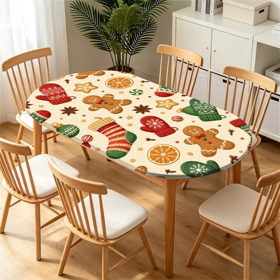 YESAD Elastic Tablecloth For Oval Tables, Waterproof Tablecover For Up To 42X68in Oval Table Cover, Dining Tablecover For Indoor And Outdoor, Holiday, Gingerbread Cookies
