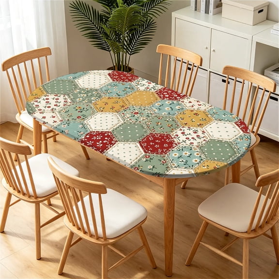 YESAD Elastic Tablecloth For Oval Tables, Waterproof Tablecover For Up To 42X68in Oval Table Cover, Dining Tablecover For Indoor And Outdoor, Holiday, Hexagon-Mosaic