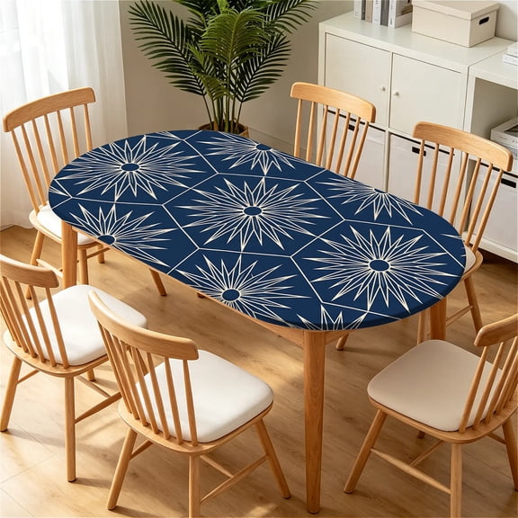 YESAD Elastic Tablecloth For Oval Tables, Waterproof Tablecover For Up To 42X68in Oval Table Cover, Dining Tablecover For Indoor And Outdoor, Holiday, Navy-Starburst