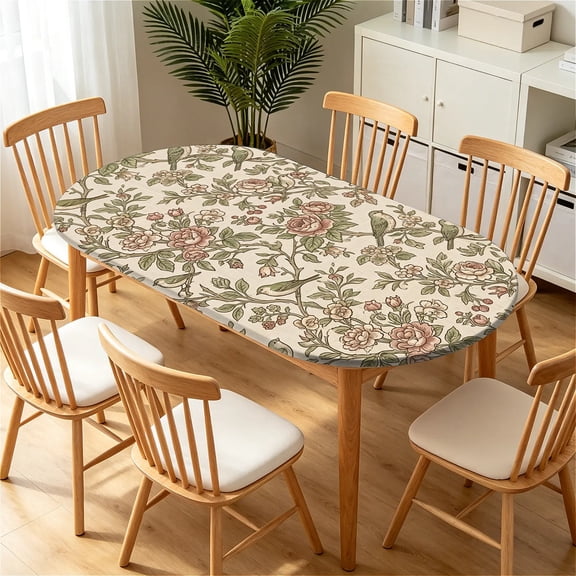 YESAD Elastic Tablecloth For Oval Tables, Waterproof Tablecover For Up To 42X68in Oval Table Cover, Dining Tablecover For Indoor And Outdoor, Holiday, Neutral-Ditsy
