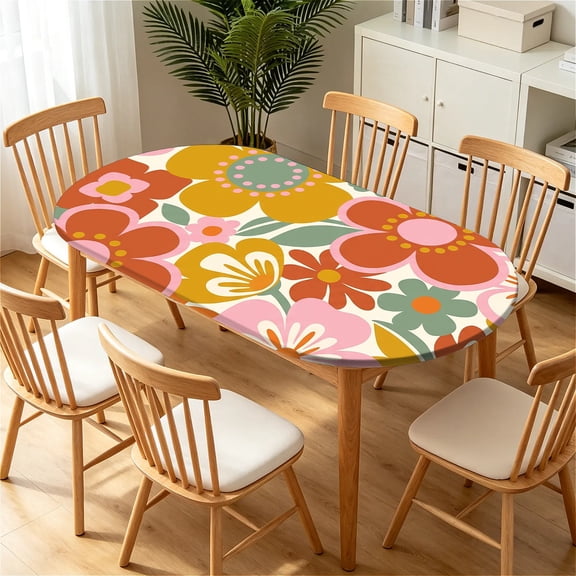 YESAD Elastic Tablecloth For Oval Tables, Waterproof Tablecover For Up To 42X68in Oval Table Cover, Dining Tablecover For Indoor And Outdoor, Holiday, Peach-Retro-Daisy