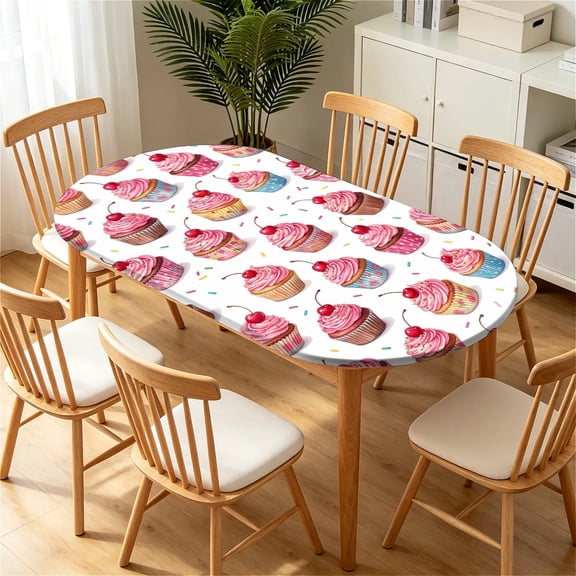 YESAD Elastic Tablecloth For Oval Tables, Waterproof Tablecover For Up To 42X68in Oval Table Cover, Dining Tablecover For Indoor And Outdoor, Holiday, Pink-Cupcake