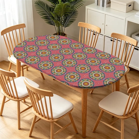 YESAD Elastic Tablecloth For Oval Tables, Waterproof Tablecover For Up To 42X68in Oval Table Cover, Dining Tablecover For Indoor And Outdoor, Holiday, Red-Circle-Tile
