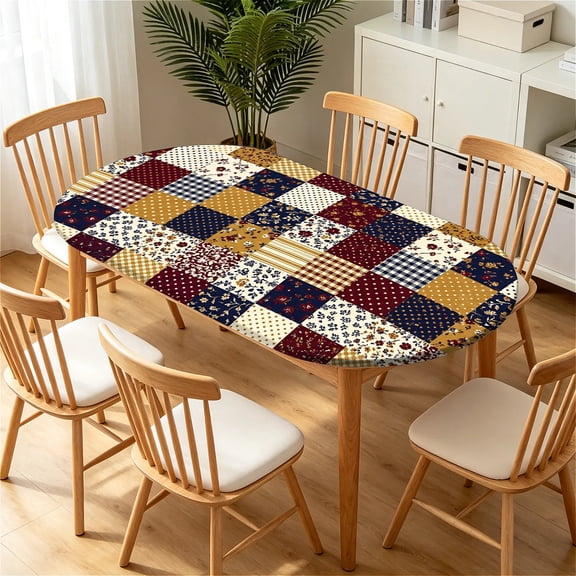 YESAD Elastic Tablecloth For Oval Tables, Waterproof Tablecover For Up To 42X68in Oval Table Cover, Dining Tablecover For Indoor And Outdoor, Holiday, Retro-Quilt