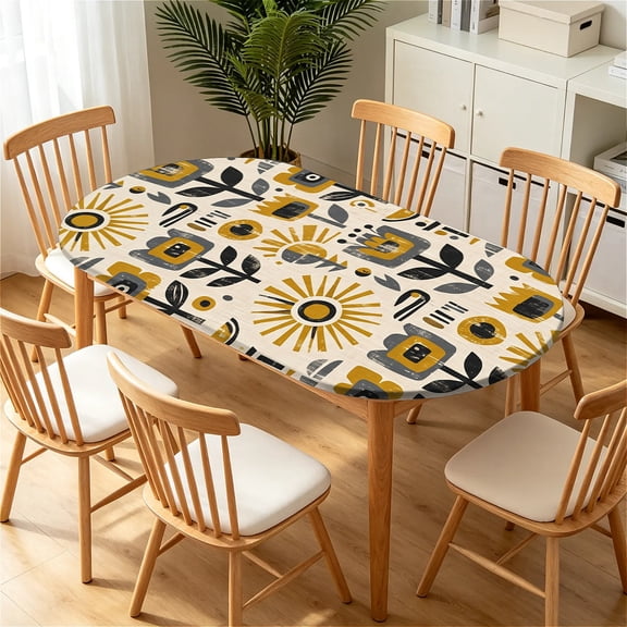 YESAD Elastic Tablecloth For Oval Tables, Waterproof Tablecover For Up To 42X68in Oval Table Cover, Dining Tablecover For Indoor And Outdoor, Holiday, Retro-Yellow-Flower