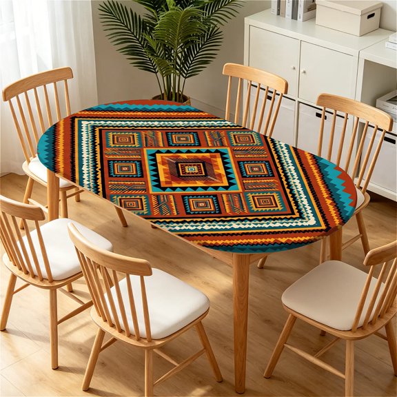 YESAD Elastic Tablecloth For Oval Tables, Waterproof Tablecover For Up To 48x68in Oval Table Cover, Dining Tablecover For Indoor And Outdoor, Holiday, Boho-Square