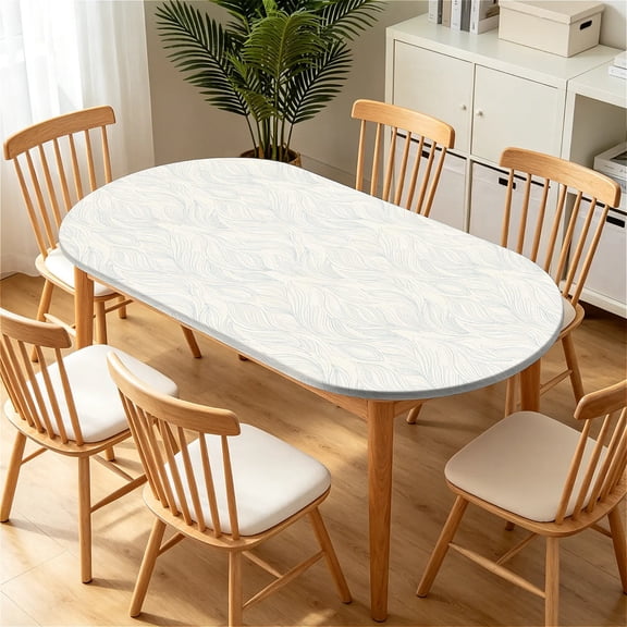 YESAD Elastic Tablecloth For Oval Tables, Waterproof Tablecover For Up To 48x68in Oval Table Cover, Dining Tablecover For Indoor And Outdoor, Holiday, Cream-Linen-Print