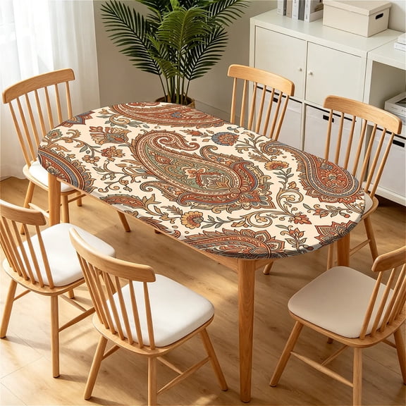 YESAD Elastic Tablecloth For Oval Tables, Waterproof Tablecover For Up To 48x68in Oval Table Cover, Dining Tablecover For Indoor And Outdoor, Holiday, Light-Paisley