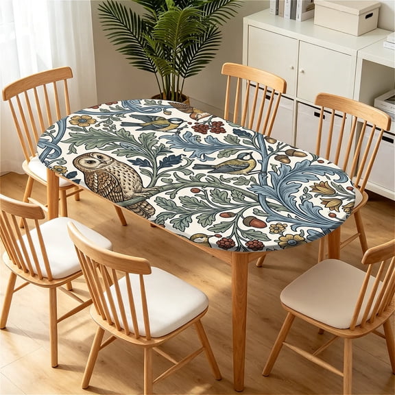 YESAD Elastic Tablecloth For Oval Tables, Waterproof Tablecover For Up To 48x68in Oval Table Cover, Dining Tablecover For Indoor And Outdoor, Holiday, Owl-Woodland