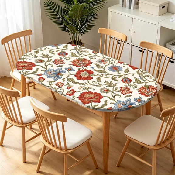YESAD Elastic Tablecloth For Oval Tables, Waterproof Tablecover For Up To 48x68in Oval Table Cover, Dining Tablecover For Indoor And Outdoor, Holiday, Red-Vintage-Floral