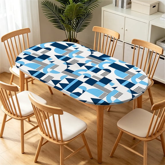 YESAD Elastic Tablecloth For Oval Tables, Waterproof Tablecover For Up To 48x72in Oval Table Cover, Dining Tablecover For Indoor And Outdoor, Holiday, Blue-Triangle-Block