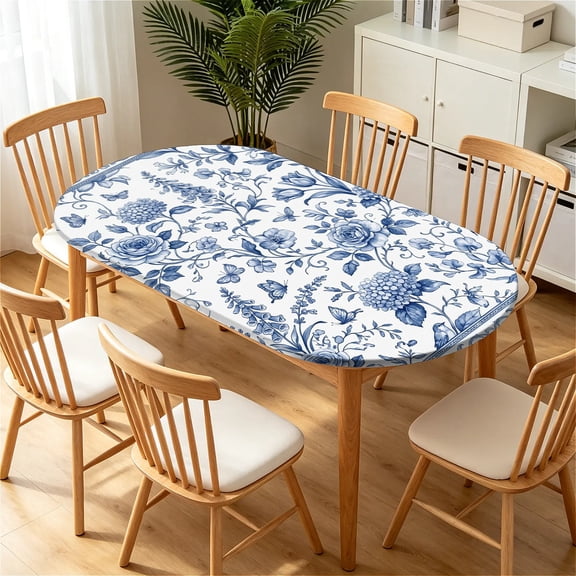YESAD Elastic Tablecloth For Oval Tables, Waterproof Tablecover For Up To 48x72in Oval Table Cover, Dining Tablecover For Indoor And Outdoor, Holiday, Indigo-Botanical
